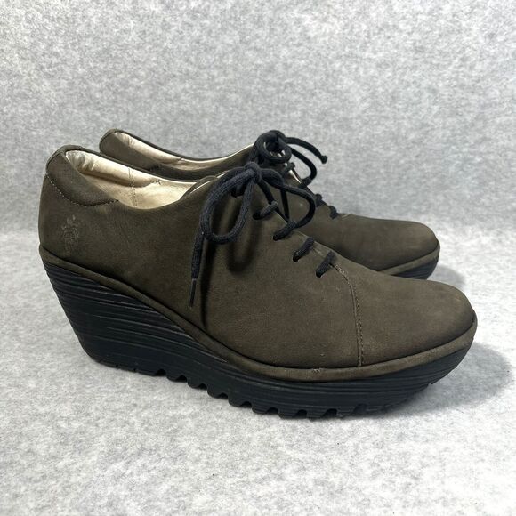Fly London Yumi Womens 7-7.5 US 38 EU Wedge Lace Up Bootie Brown Suede Leather - Picture 1 of 17